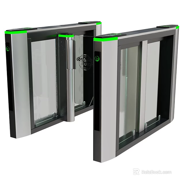 Public Facility Automatic Speed Gate With Glass Doors Metal Frame And Green LED Indicators 3d model 