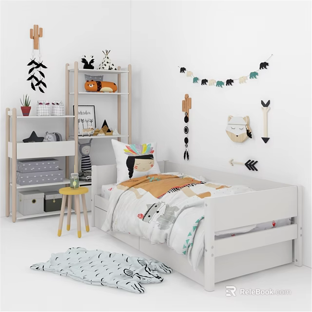 White Kids Bed with Patterned Bedding Wooden Bookshelf and Animal Wall Decor in Kids Room 3d model 
