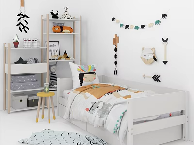 White Kids Bed with Patterned Bedding Wooden Bookshelf and Animal Wall Decor in Kids Room 3d model