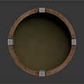 Rustic Wooden Basin With Slatted Design Green Inner Lining Metal Straps And Stand