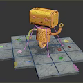 Vintage Yellow Robot With Suitcase Head Metal Body Mechanical Arms Legs On Gray Square Tiles