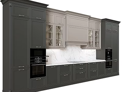 Modern Kitchen Cabinets With Dark And Light Design Marble Countertop Glass Door And Oven 3d model