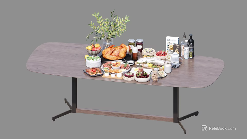 Delicious Assorted Food Spread On Wooden Table With Roasted Chicken Fruits Various Dishes And Drinks 3d model 