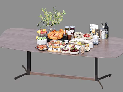 Delicious Assorted Food Spread On Wooden Table With Roasted Chicken Fruits Various Dishes And Drinks 3d model