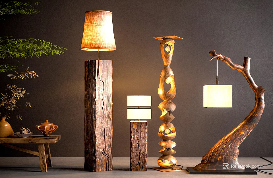 Unique Natural Wooden Floor Lamps With Twisted Tree Stump Design And Green Plants 3d model 