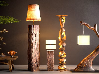 Unique Natural Wooden Floor Lamps With Twisted Tree Stump Design And Green Plants 3d model