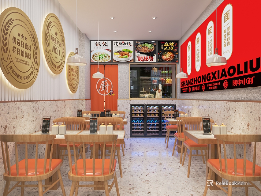 Cozy Restaurant Interior With Red Walls Golden Circular Decorations Orange Chairs Order Counter And Menu Posters 3d model 