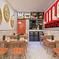 Cozy Restaurant Interior With Red Walls Golden Circular Decorations Orange Chairs Order Counter And Menu Posters