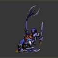 Game Movie Character With Purple Fur Horns Blue Armor And Dual Swords In Battle Stance