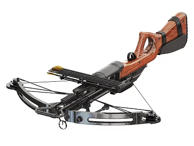 Wooden And Metal Crossbow Weapon With Arrows And Mechanical Components 3d model
