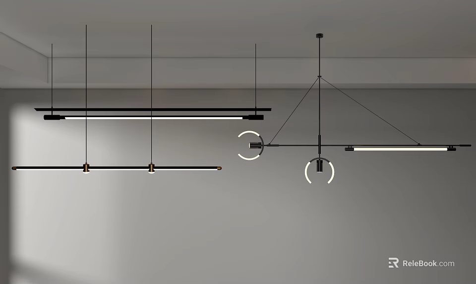 Modern Linear And Circular Pendant Lights With Black Metal Frame For Interior Design 3d model