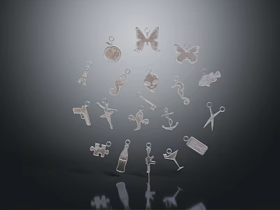 Silver Fashion Accessories With Various Shapes Including Butterflies Keys Anchors And Reflections 3d model