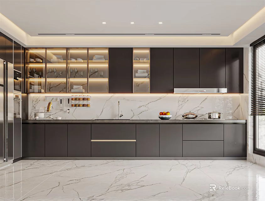Modern Kitchen Interior With Black Cabinets Marble Countertop And Illuminated Shelves 3d model 