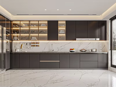 Modern Kitchen Interior With Black Cabinets Marble Countertop And Illuminated Shelves 3d model