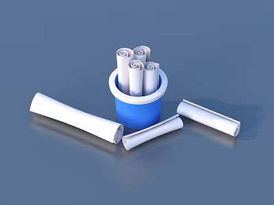 White Paper Rolls Stored In Blue Bucket With Scattered Rolls Around 3d model