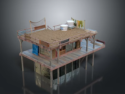 Wooden Stilt House with Upper Deck Featuring Hammock Water Bucket And Drying Clothes 3d model