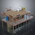 Wooden Stilt House with Upper Deck Featuring Hammock Water Bucket And Drying Clothes