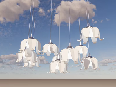 White Elephant Shaped Hanging Decorative Lights Against Blue Sky With Fluffy Clouds 3d model