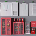 Fire Equipment Collection With Red Cabinets White Storage Units Fire Extinguishers And Tools 3d model