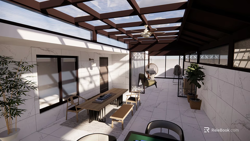 Villa Balcony Design Featuring Wooden Pergola Roof Outdoor Dining Table Chairs And Green Plants 3d model 