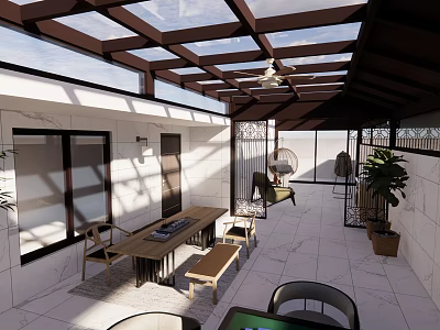 Villa Balcony Design Featuring Wooden Pergola Roof Outdoor Dining Table Chairs And Green Plants 3d model