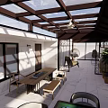 Villa Balcony Design Featuring Wooden Pergola Roof Outdoor Dining Table Chairs And Green Plants