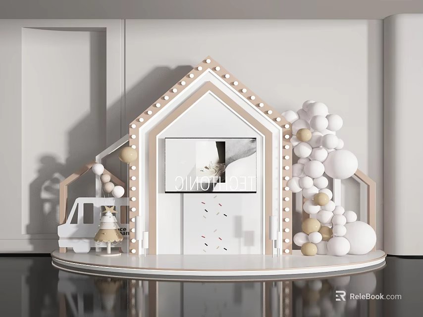 Stylish House Shaped Photo Spot With Balloons Fairy Lights And Small Car Decorations 3d model 