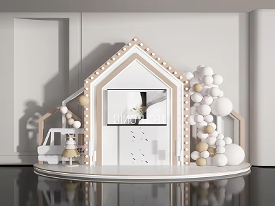 Stylish House Shaped Photo Spot With Balloons Fairy Lights And Small Car Decorations 3d model