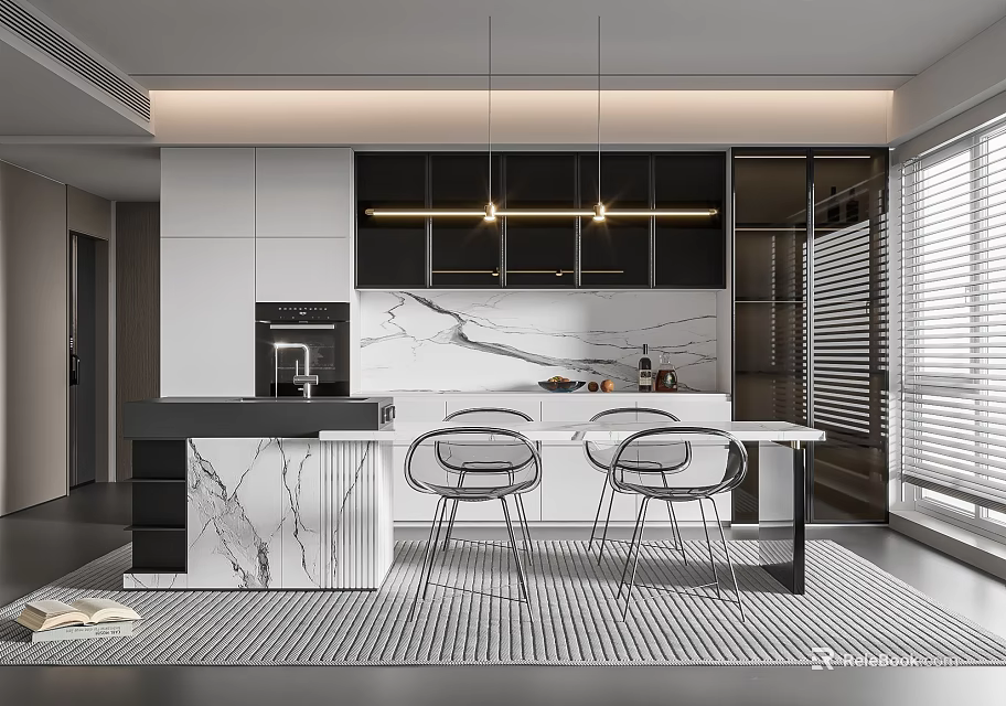 Modern Restaurant Interior With Marble Island Dining Table Chairs And Pendant Lights 3d model 
