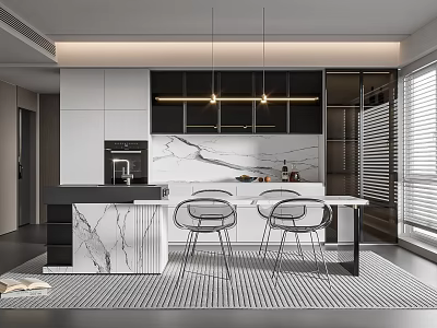 Modern Restaurant Interior With Marble Island Dining Table Chairs And Pendant Lights 3d model