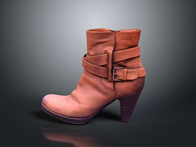 Stylish Brown Leather Ankle Boots With Buckled Straps And High Heel 3d model