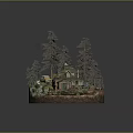 Rustic Wooden Cabin Surrounded by Tall Pine Trees With Yellow Vintage Car and Green Landscape