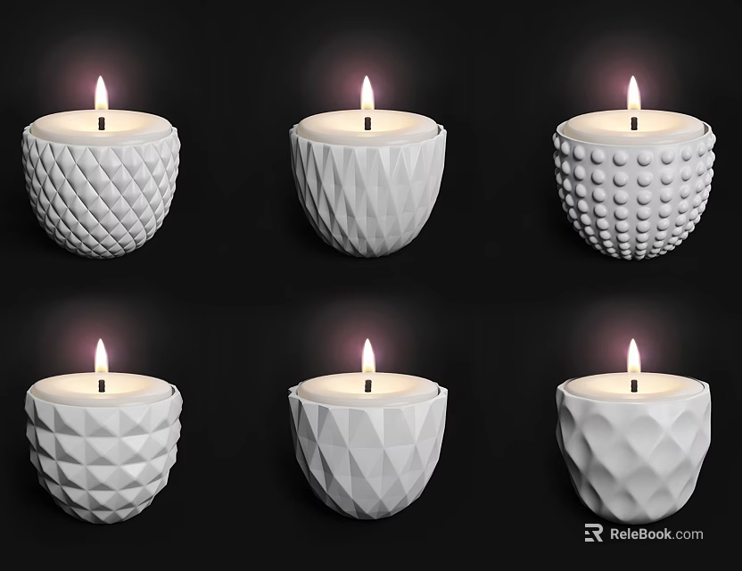 White Lit Candle Lamps With Various Textured Designs For Modern Home Decor 3d model 