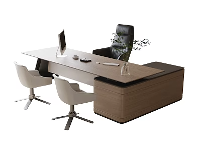 Modern Office Desk Wooden Top Black Chair White Seats Computer Monitor and Vase Plant 3d model