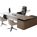 Modern Office Desk Wooden Top Black Chair White Seats Computer Monitor and Vase Plant