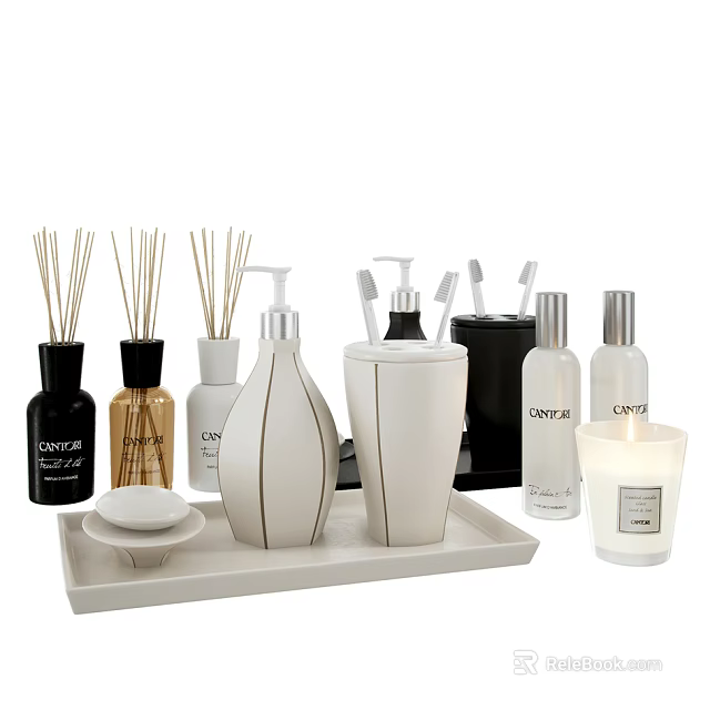 Modern Bathroom Accessories Set with Diffuser Lotion Dispenser Toothbrush Holder Candle and Tray 3d model