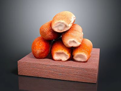 Golden Brown Bread Rolls Stacked on Wooden Tray With Soft Interior 3d model