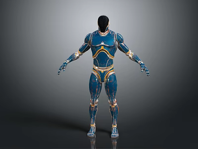 Game and Movie Character in Blue Armor With Golden Accents and Sci Fi Design 3d model