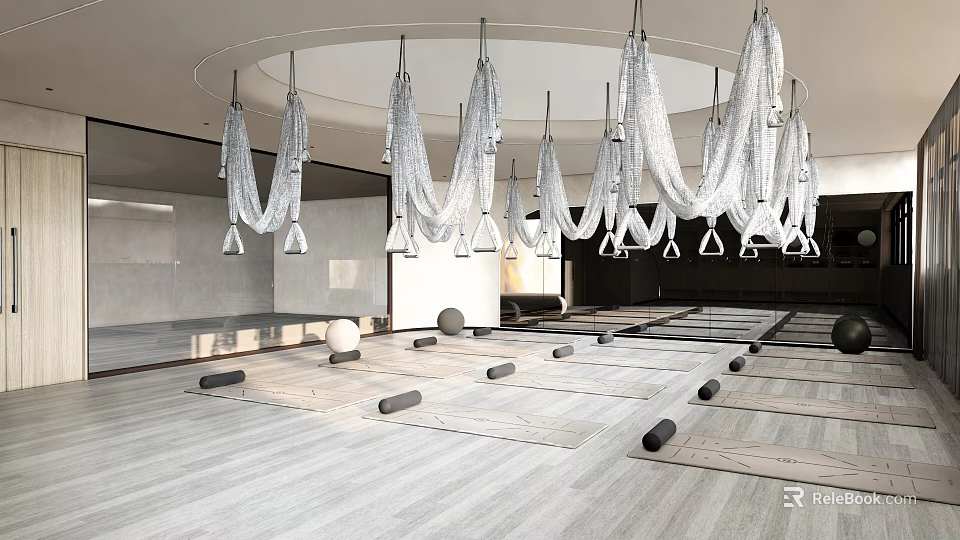 Spacious Modern Yoga Fitness Studio With Hanging Decorations Wooden Flooring And Yoga Mats 3d model 