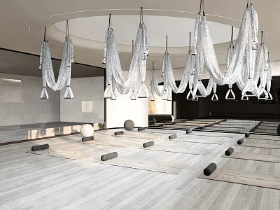 Spacious Modern Yoga Fitness Studio With Hanging Decorations Wooden Flooring And Yoga Mats 3d model