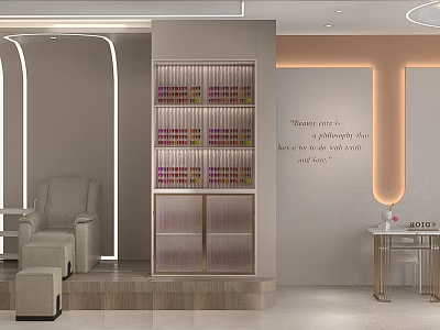 Elegant Modern SPA Sauna Interior With Curved Lighting Display Cabinet And Beige Lounge Chair 3d model