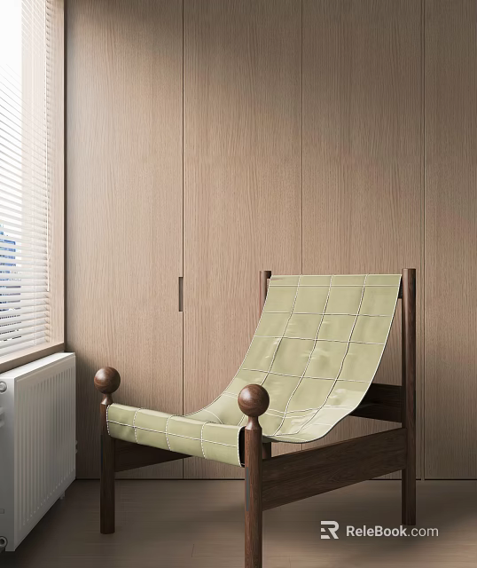 Light Green Checkered Leisure Chair With Wooden Frame By Window And Wooden Wall 3d model 
