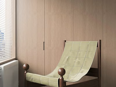 Light Green Checkered Leisure Chair With Wooden Frame By Window And Wooden Wall 3d model