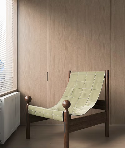 Light Green Checkered Leisure Chair With Wooden Frame By Window And Wooden Wall 3d model