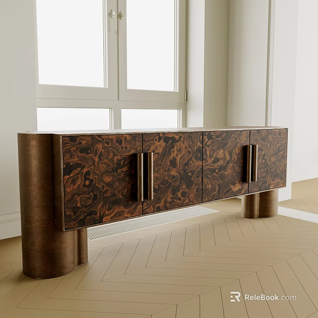 Elegant Entryway Console Side Cabinet With Wooden Pattern And Brass Legs Design 3d model 
