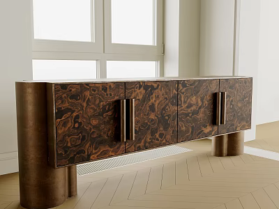 Elegant Entryway Console Side Cabinet With Wooden Pattern And Brass Legs Design 3d model