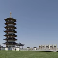 Traditional Multi Tiered Pagoda With Black White Roof And Small Pavilions On Green Grassland