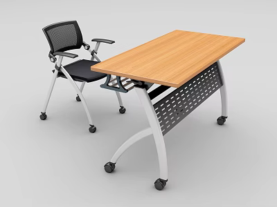 Modern Office Desk With Wooden Top White Metal Legs Rolling Casters And Mesh Chair 3d model