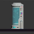Futuristic Cylindrical Transparent Equipment with Blue Glowing Ring Base on Dark Platform