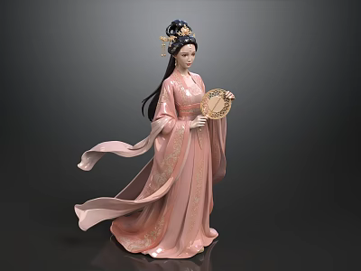 Woman In Pink Traditional Robe With Elaborate Headdress Holding Round Fan Ceramic Figurine 3d model